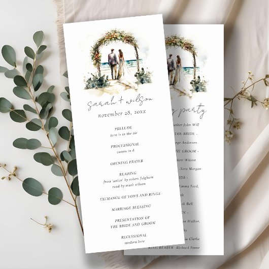 Floral Arch Sand Beach Seascape Wedding Programme Kaart