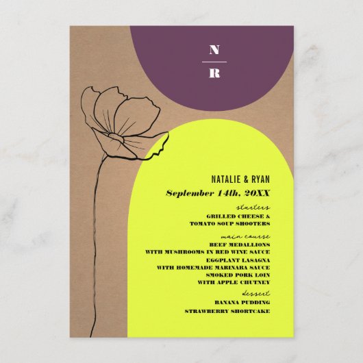 Floral Arches Neon Plum Monogram Weddenschap Menu (Voorkant)