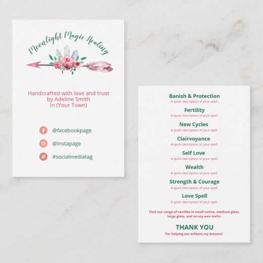 Floral Arrow Spell Jar Candle Kit Product Line Visitekaartje (Voorkant / Achterkant)