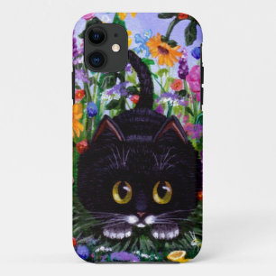 Floral Art Black Tuxedo Cat Flowers Creationarts iPhone 11 Hoesje