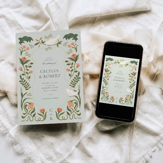 Floral Art Deco Gouden bruiloft uitnodiging