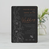 Floral Art Deco leisteen & zwarte bruiloft uitnodi Folie Uitnodiging (Staand Voorkant)