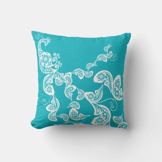 Floral Art Deco Peacock Paisley Chic Turquoise Kussen (Voorkant)