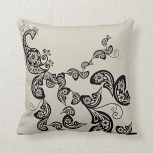 Floral Art Deco Peacock Pattern Black Art Cushion Kussen
