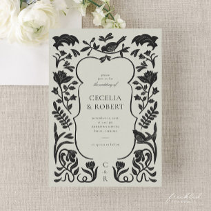 Floral Art Deco Zwart en Ivoor Huwelijksuitnodigin Kaart