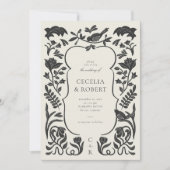 Floral Art Deco Zwart en Ivoor Huwelijksuitnodigin Kaart (Voorkant)