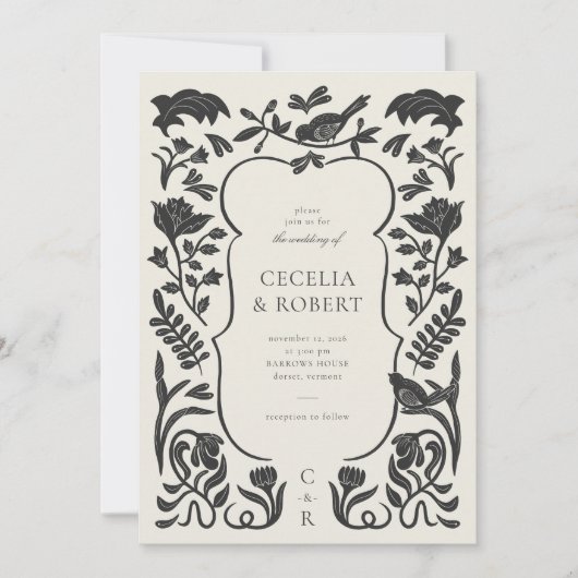 Floral Art Deco Zwart en Ivoor Huwelijksuitnodigin Kaart (Voorkant)
