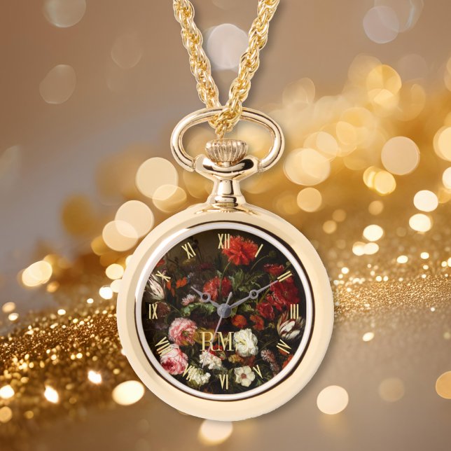 Floral Art Elegant Monogram Vrouwen Ketting Horlog (Floral Art Elegant Monogram Womens Necklace Watch)