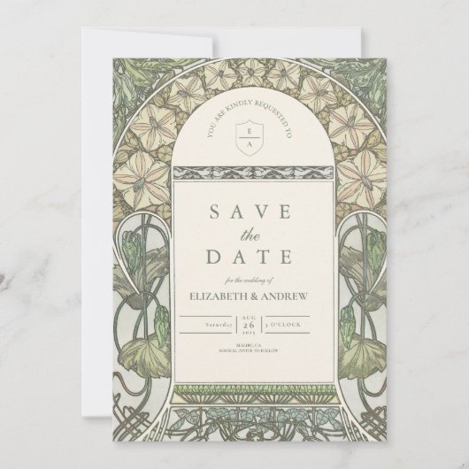 Floral Art Nouveau Greenery bruiloft Save The Date (Voorkant)