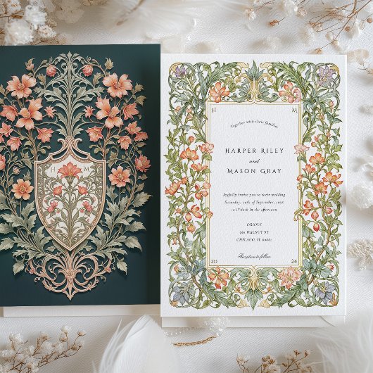 Floral Art Nouveau Wedding Bougainvillea Shield Kaart