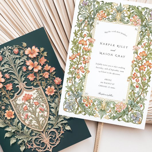 Floral Art Nouveau Wedding Bougainvillea Shield Kaart