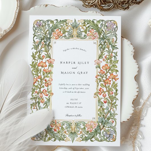 Floral Art Nouveau Wedding Bougainvillea Shield Kaart