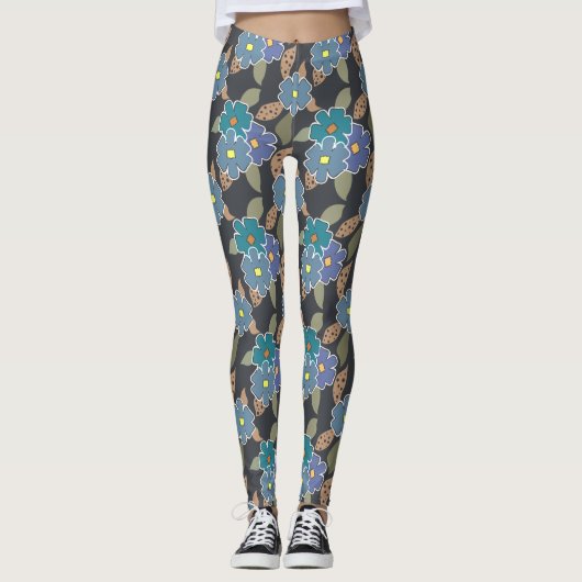 Floral Art Patroon met Periwinkle Bloemen Leggings (Voorkant)