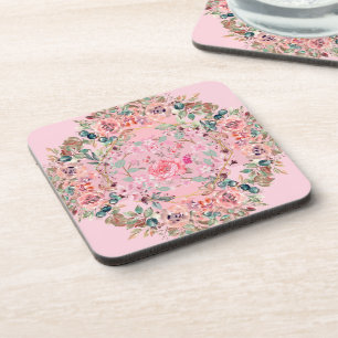 Floral Art, Roze Floral Wreate Bier Onderzetter
