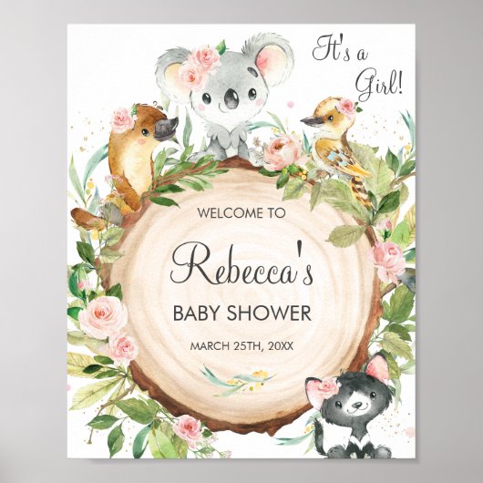 Floral Australian Animals Baby shower Welkom Poster (Voorkant)