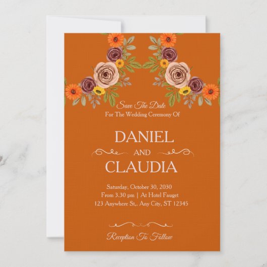 Floral Autumn Burnt Orange Wedding Invitation Kaart (Voorkant)
