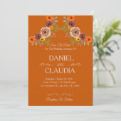 Floral Autumn Burnt Orange Wedding Invitation Kaart (Staand voorkant)
