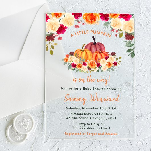 Floral Autumn Oranje pompoenen Baby shower Acryl Uitnodigingen