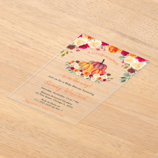 Floral Autumn Oranje pompoenen Baby shower Acryl Uitnodigingen (Laagn)