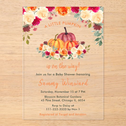Floral Autumn Oranje pompoenen Baby shower Acryl Uitnodigingen (Voorkant)