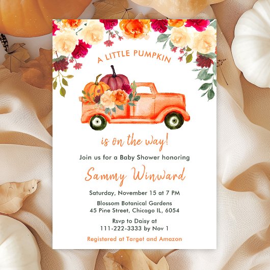 Floral Autumn Pumpkin Truck Baby shower Kaart