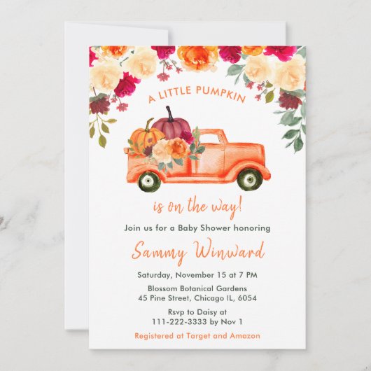 Floral Autumn Pumpkin Truck Baby shower Kaart (Voorkant)