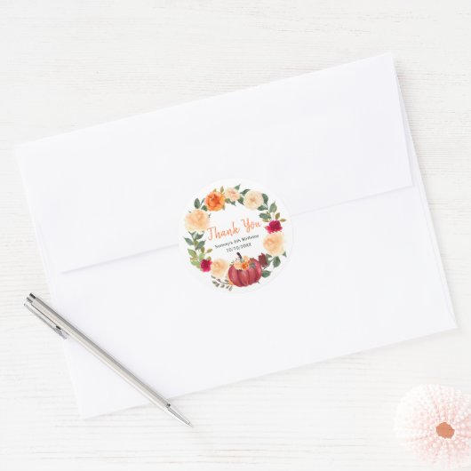 Floral Autumn Pumpkins Verjaardagsfeest Dank u Ronde Sticker (Envelop)