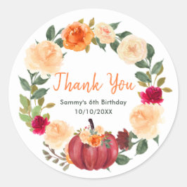 Floral Autumn Pumpkins Verjaardagsfeest Dank u Ronde Sticker