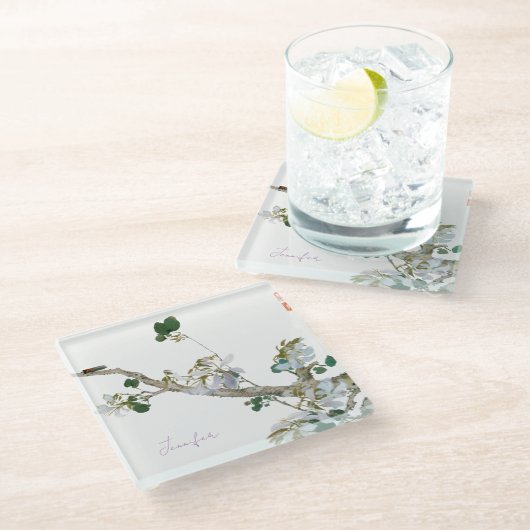  Floral Aziatische Stijl Lithograph Naam Glazen Onderzetter (Schuin)