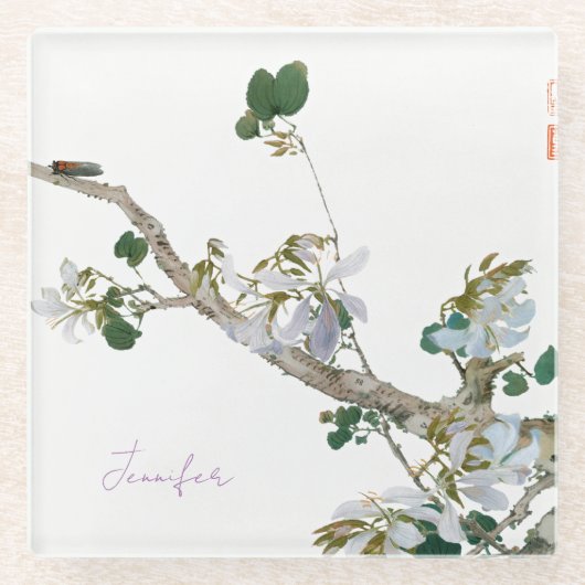  Floral Aziatische Stijl Lithograph Naam Glazen Onderzetter (Voorkant)