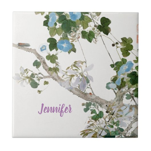  Floral Aziatische stijl pastel kleuren naam Tegeltje (Voorkant)