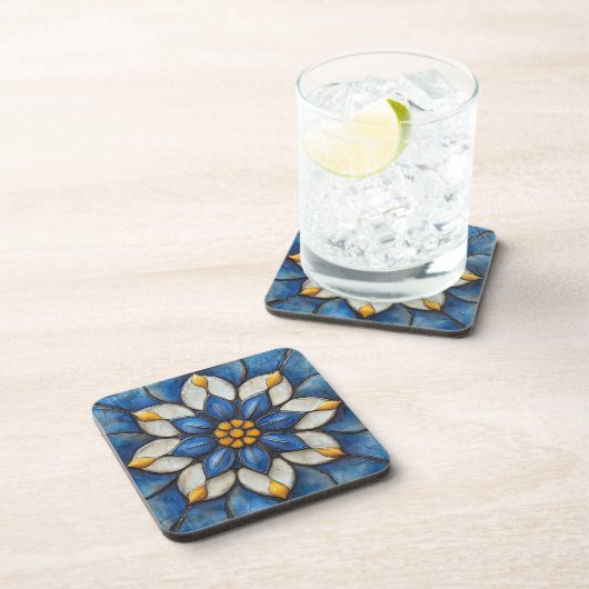 Floral Azulejo blauw wit en geel Bier Onderzetter (Rechterzijde)