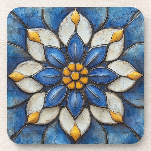 Floral Azulejo blauw wit en geel Bier Onderzetter (Voorkant)