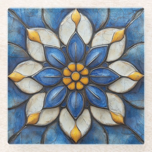 Floral Azulejo blauw wit en geel Glazen Onderzetter (Voorkant)