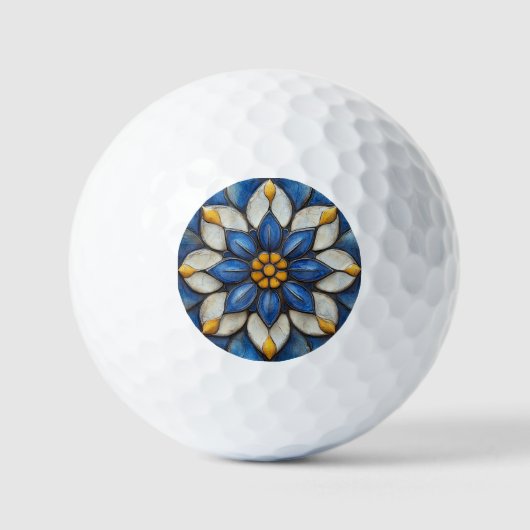 Floral Azulejo blauw wit en geel Golfballen (Voorkant)