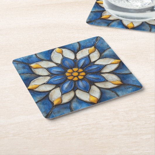 Floral Azulejo blauw wit en geel Kartonnen Onderzetters (Schuin)