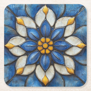 Floral Azulejo blauw wit en geel Kartonnen Onderzetters