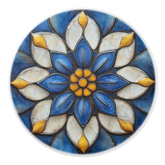 Floral Azulejo blauw wit en geel Keramische Knop (Voorkant)