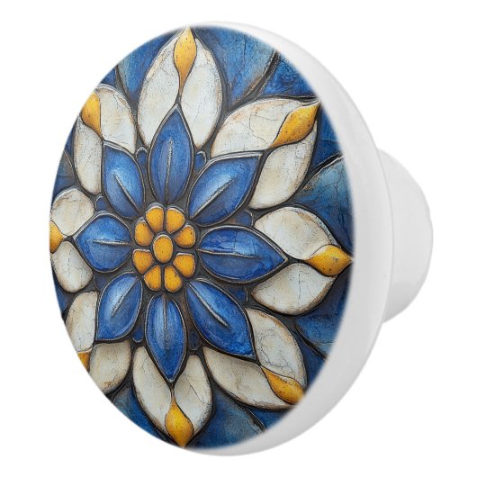 Floral Azulejo blauw wit en geel Keramische Knop (Rechts)