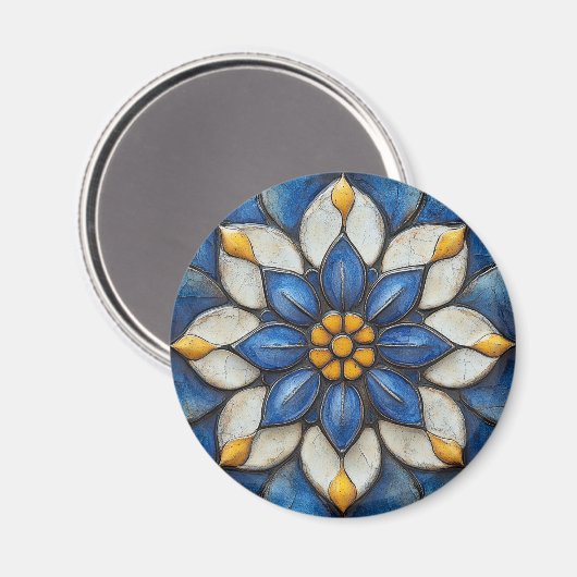 Floral Azulejo blauw wit en geel Magneet (Voorkant / Achterkant)
