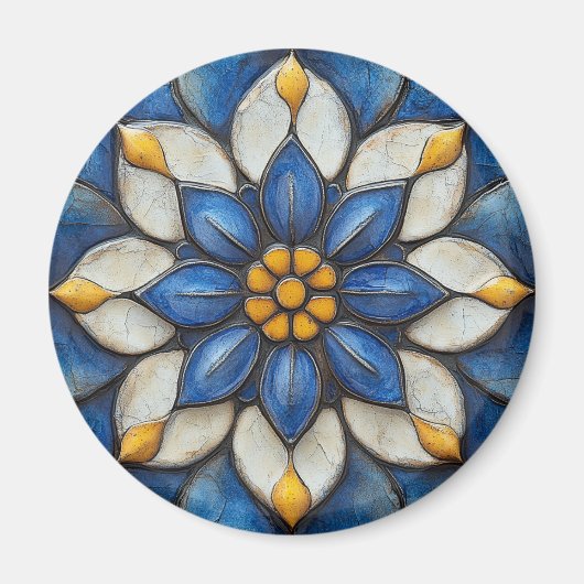 Floral Azulejo blauw wit en geel Magneet (Voorkant)