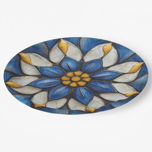 Floral Azulejo blauw wit en geel Papieren Bordje (Gekanteld)