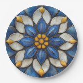 Floral Azulejo blauw wit en geel Papieren Bordje (Voorkant)