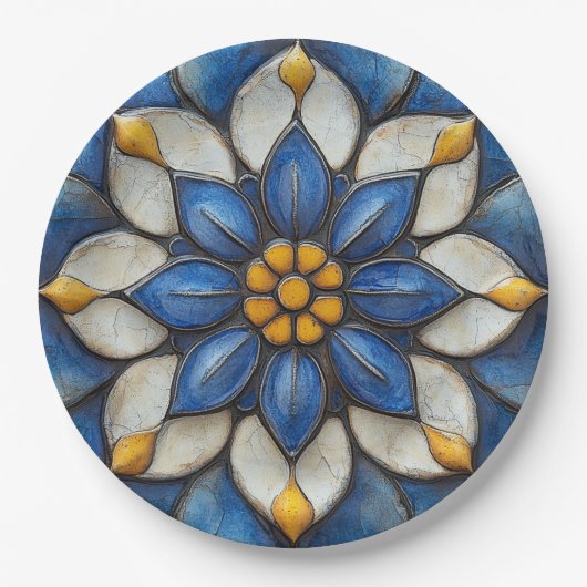 Floral Azulejo blauw wit en geel Papieren Bordje (Voorkant)