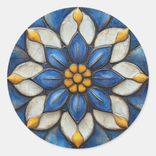 Floral Azulejo blauw wit en geel Ronde Sticker