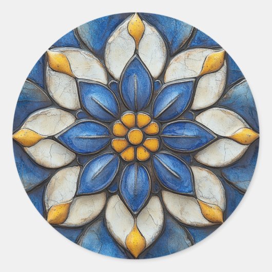 Floral Azulejo blauw wit en geel Ronde Sticker (Voorkant)