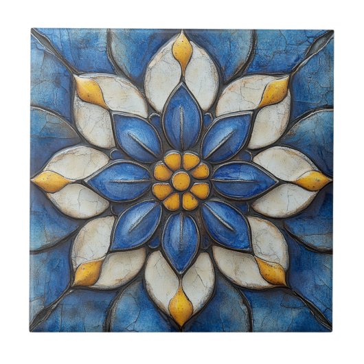 Floral Azulejo blauw wit en geel Tegeltje (Voorkant)