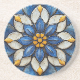 Floral Azulejo blauw wit en geel Zandsteen Onderzetter