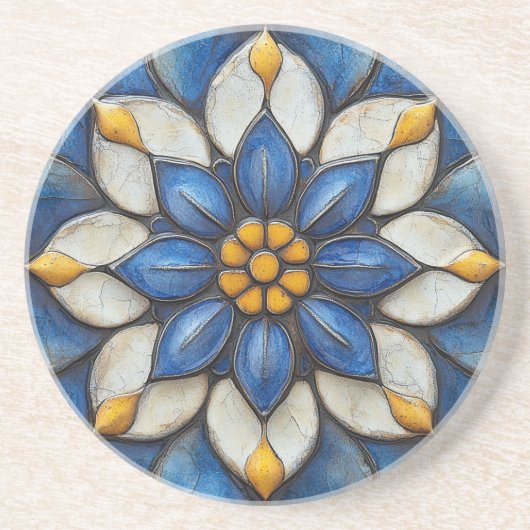 Floral Azulejo blauw wit en geel Zandsteen Onderzetter (Voorkant)