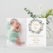 Floral Baby 2 foto goud dank u geboorte Aankondiging (Staand voorkant)